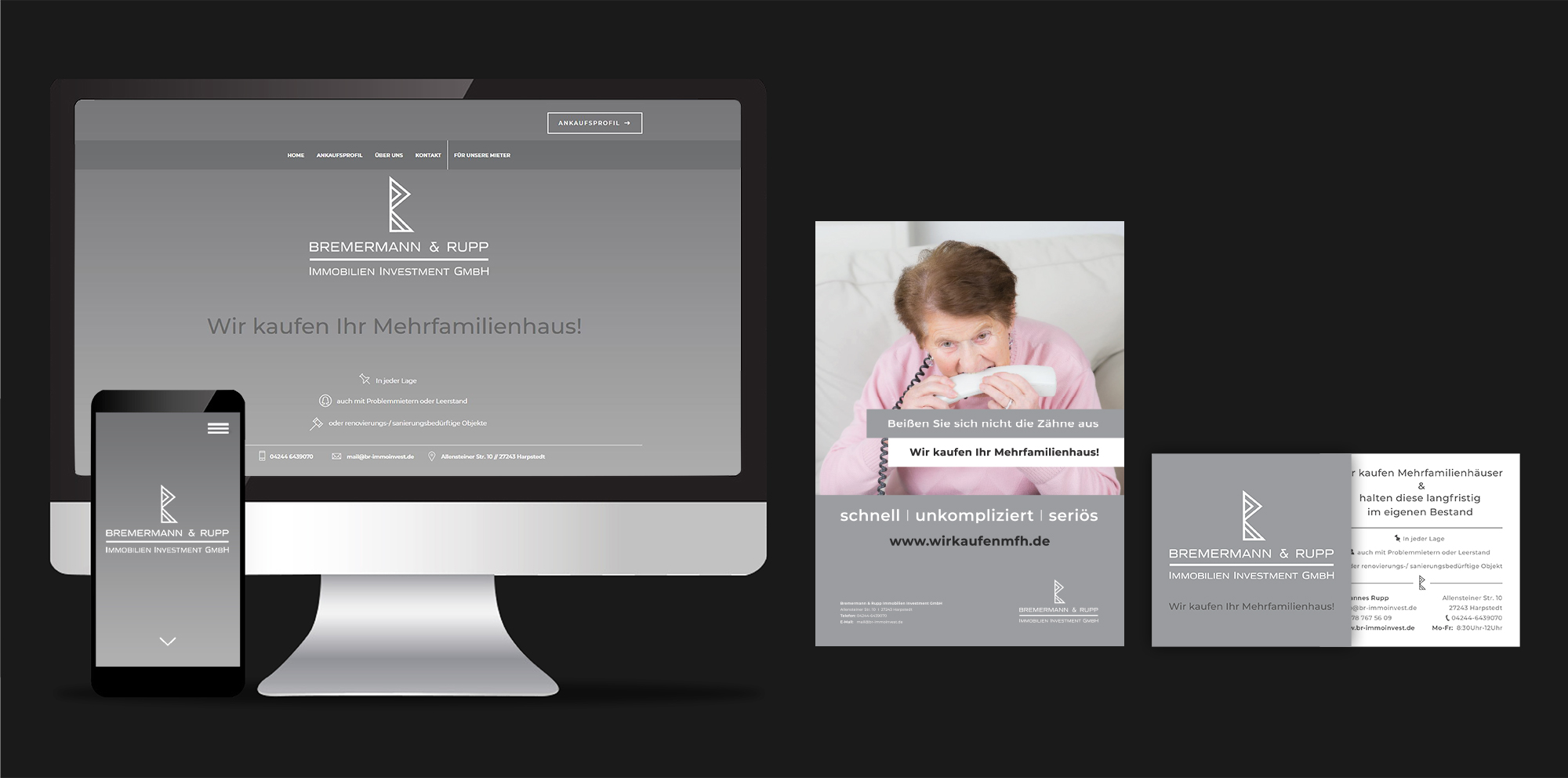 Website Design, Plakat und Visitenkarte Design